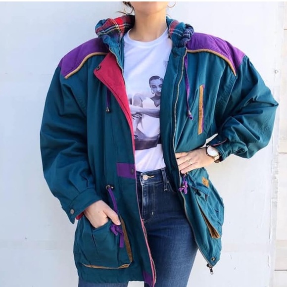 Vintage Jackets & Blazers - Vintage River Edge Colorblock Ski Parka Jacket – Teal/Red/Purple – Size M